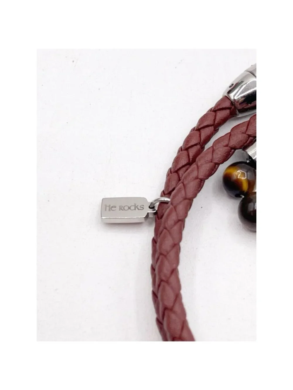 He Rocks Tiger Eye Bead Brown Braided Leather Wrap Bracelet Magnetic Clasp